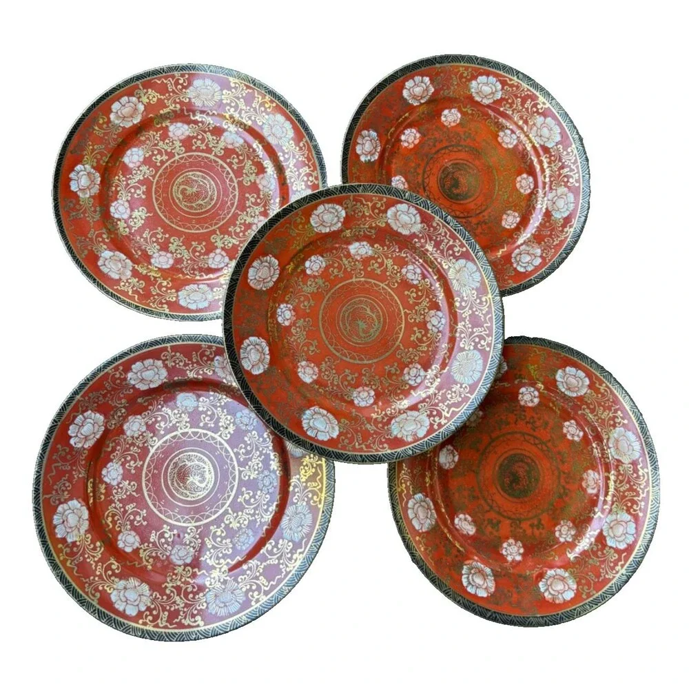 oriental 5 Plates Elite B Company Japan Floral Pattern Gold Accents handpainted